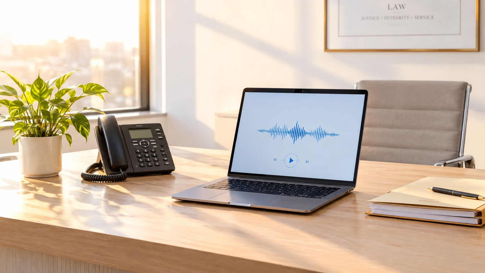A professional office desk with a laptop displaying a sound wave audio interface and a telephone.