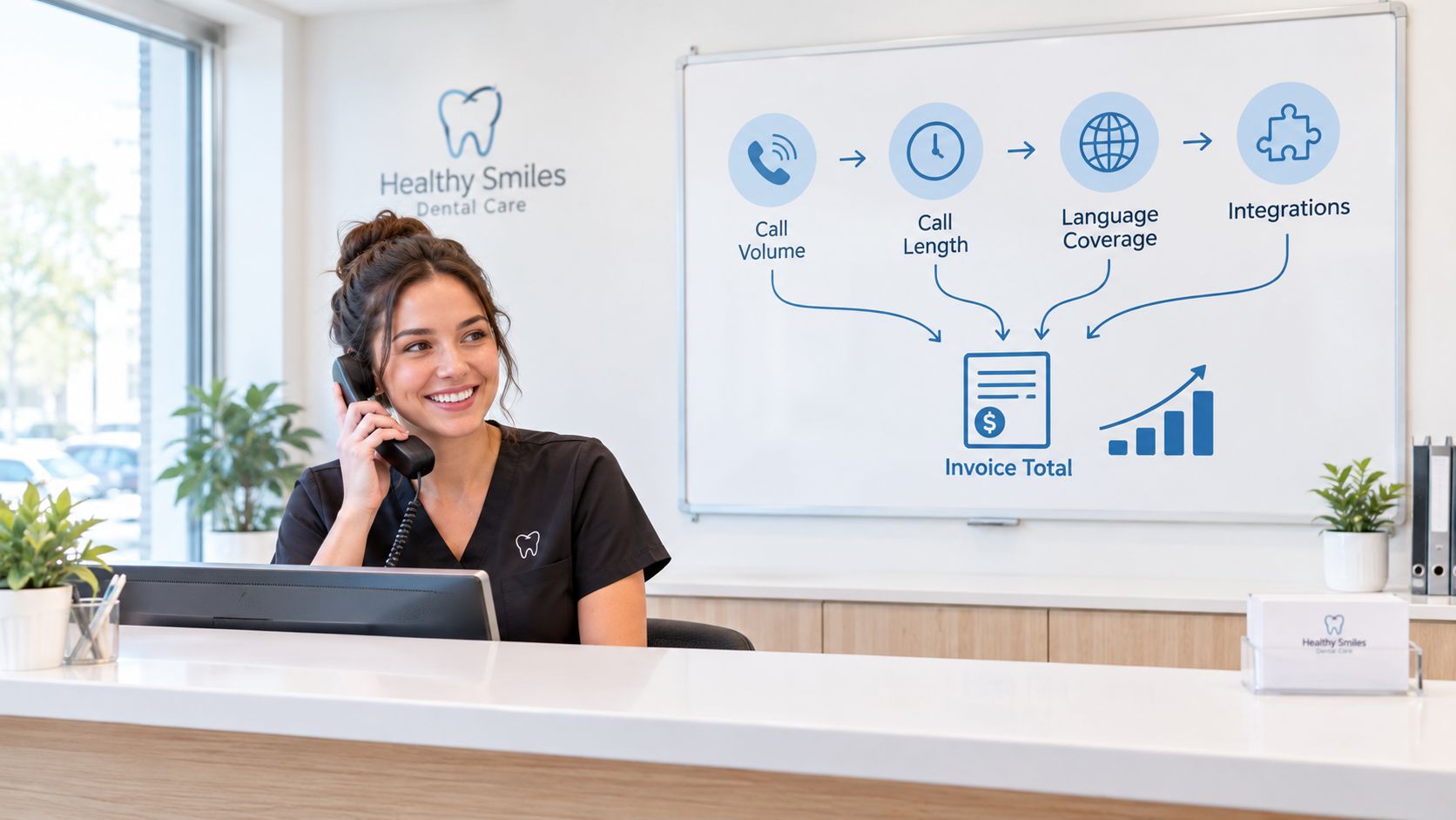 A friendly dental receptionist talking on the phone with a whiteboard infographic about service pricing factors.