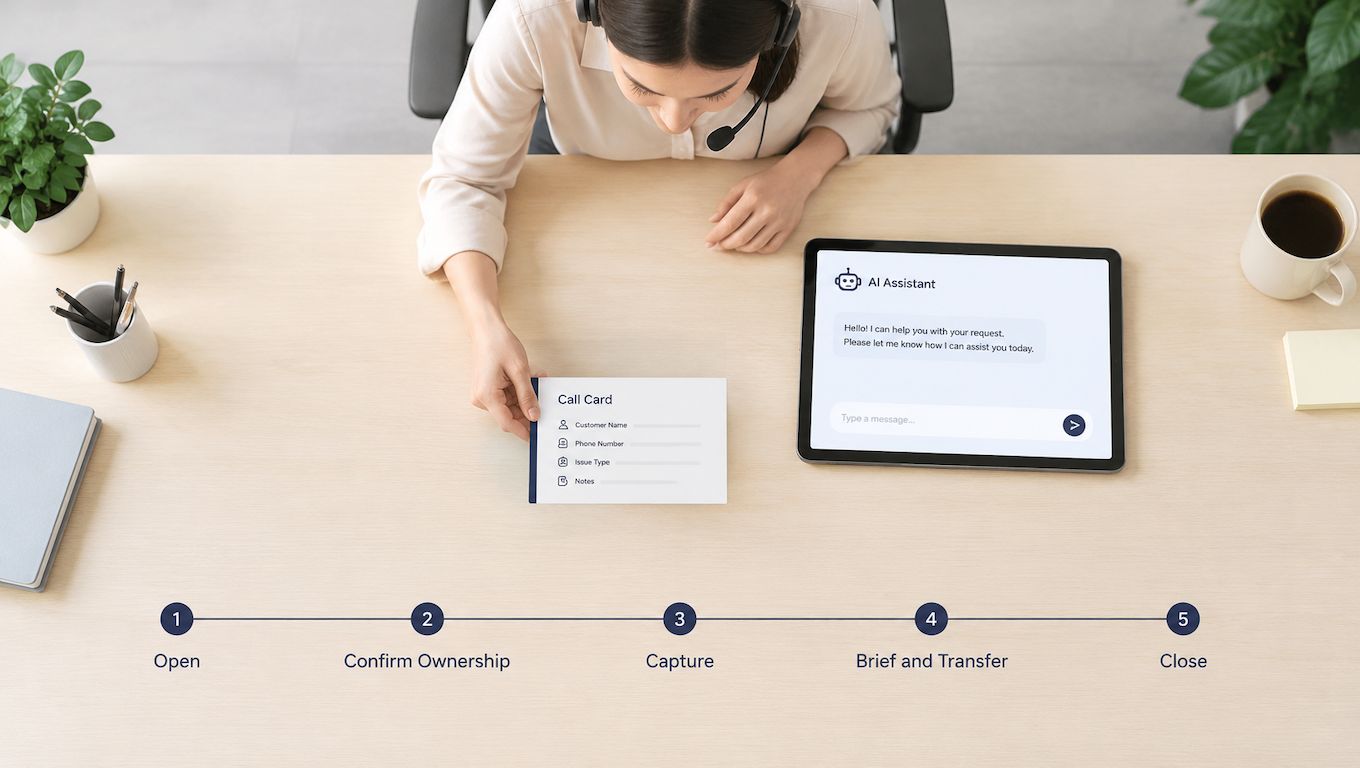 A customer service representative holds a call card while using an AI assistant on a tablet.