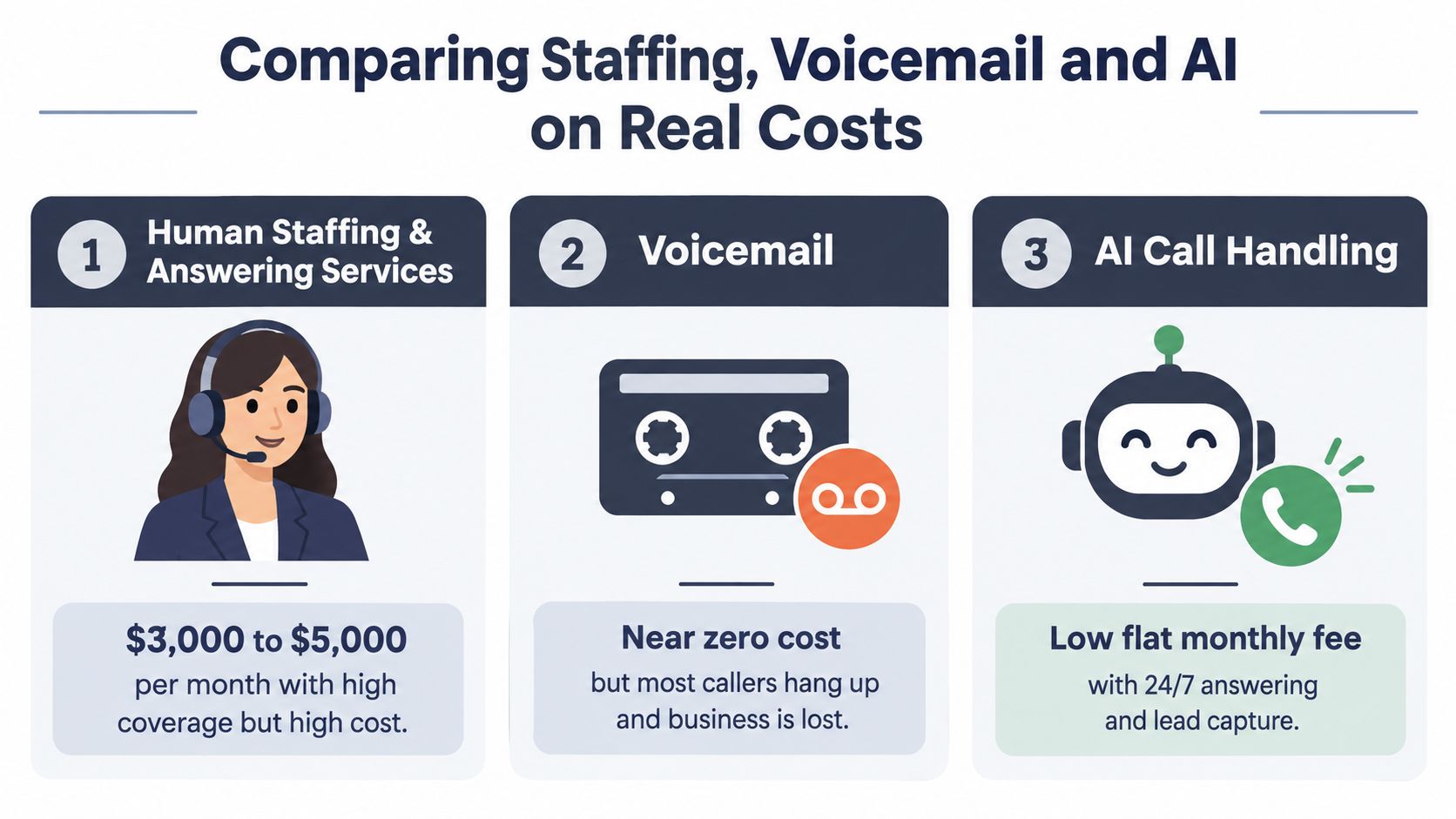A comparison chart showing the costs and benefits of human staffing, voicemail, and AI call handling solutions.