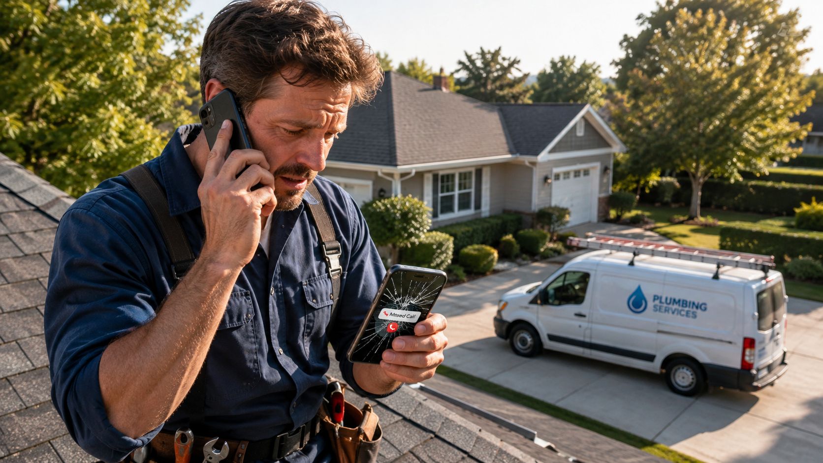 A worried plumber on a rooftop talking on his phone while holding a cracked mobile device.