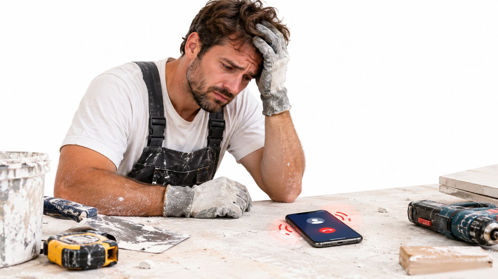 Stressed construction worker looking at a vibrating smartphone with an incoming call notification on a desk.