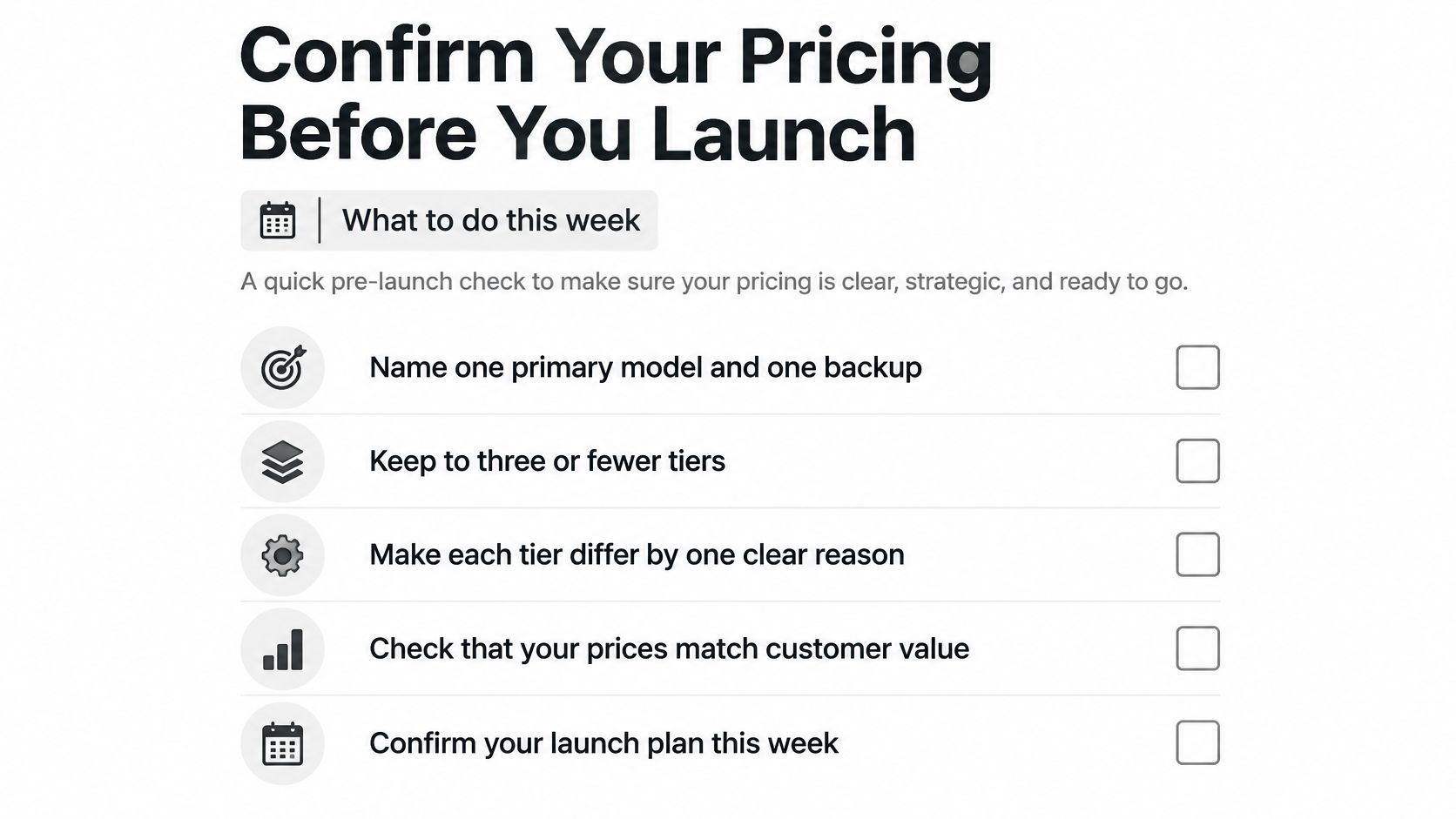 A checklist titled Confirm Your Pricing Before You Launch with five strategic steps for business planning.