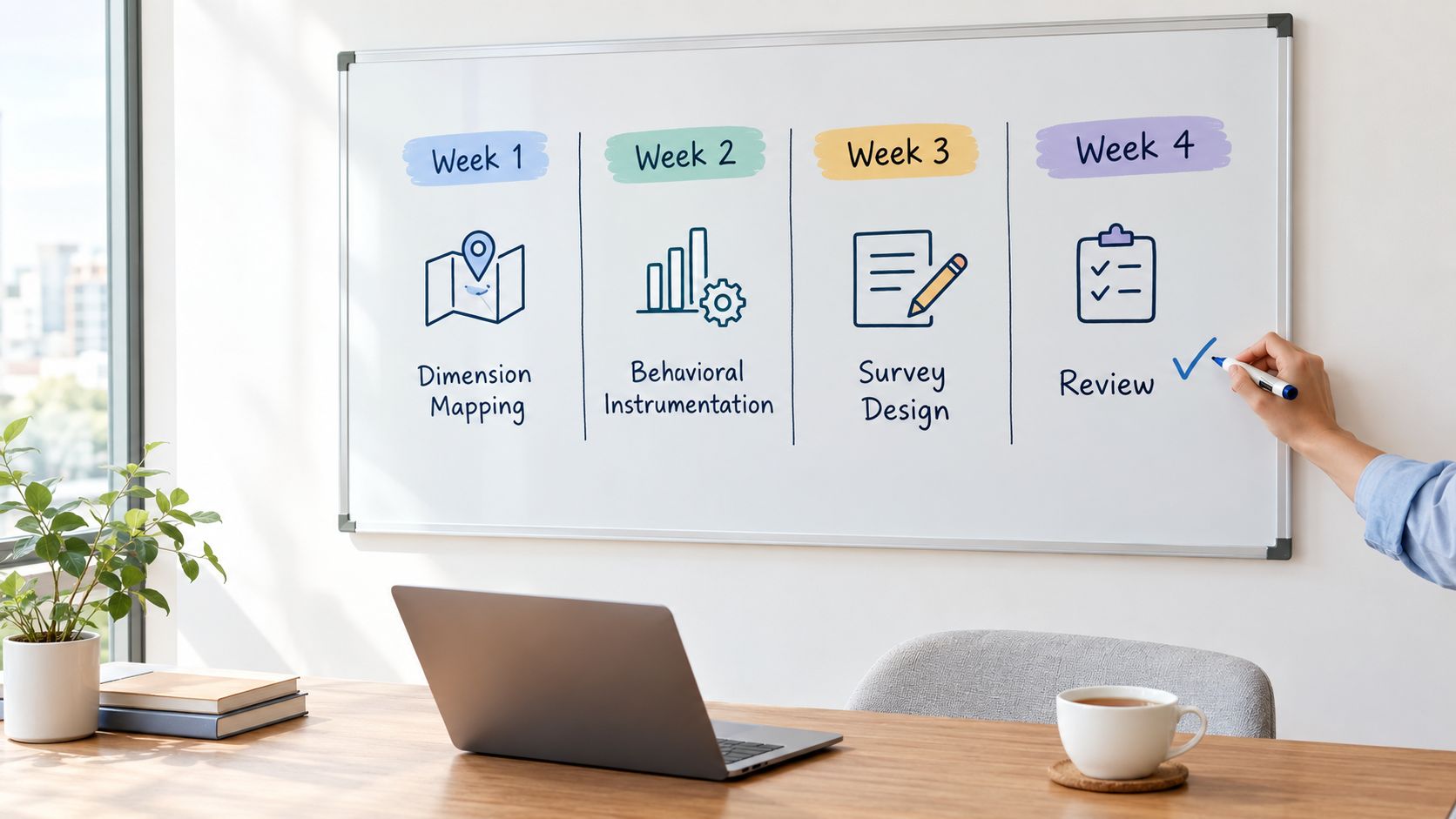 A person writing on a whiteboard with a four-week schedule for measuring student engagement and development.