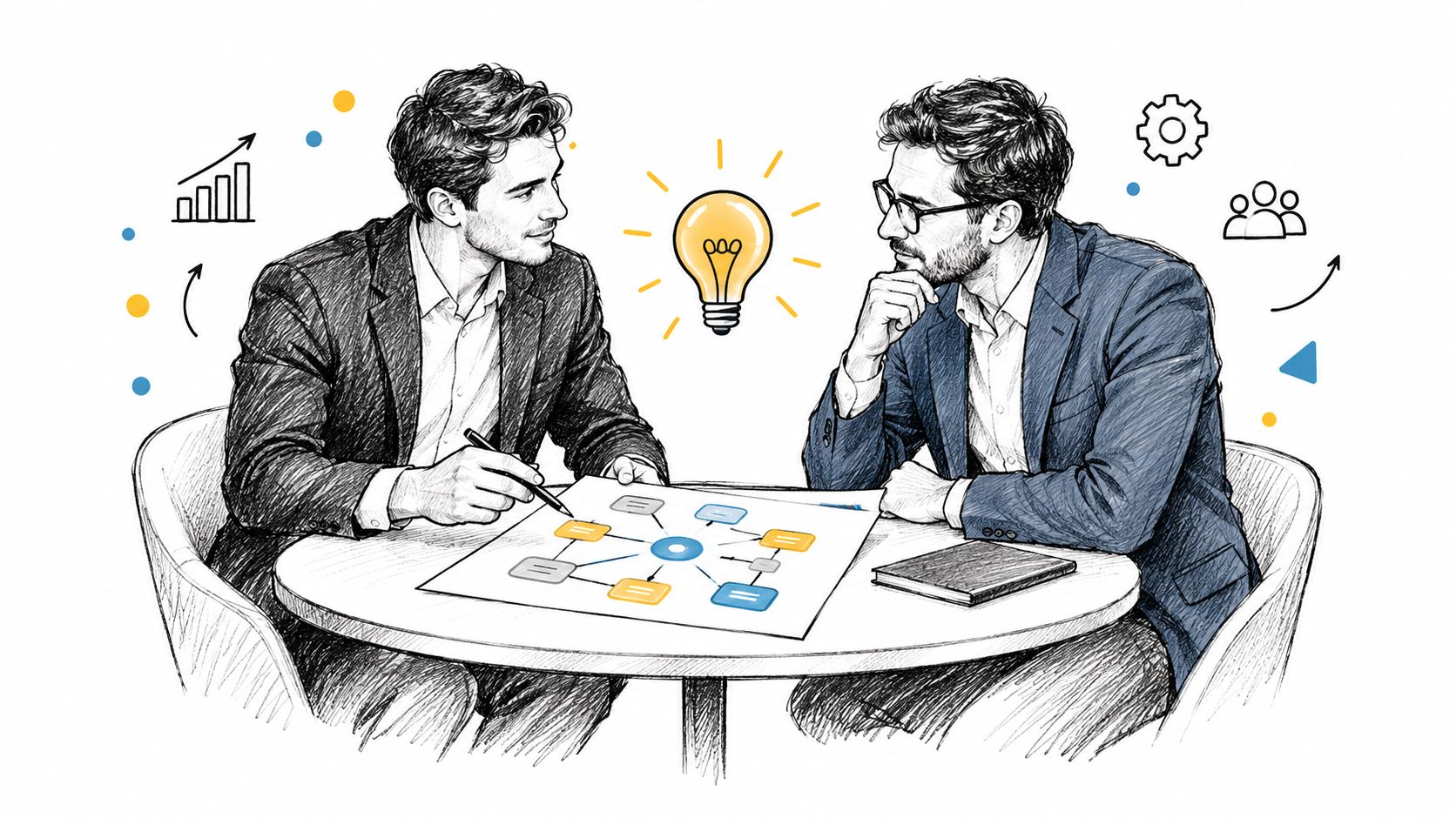 Two professional men in suits discussing business strategy and ideas around a circular table with charts.