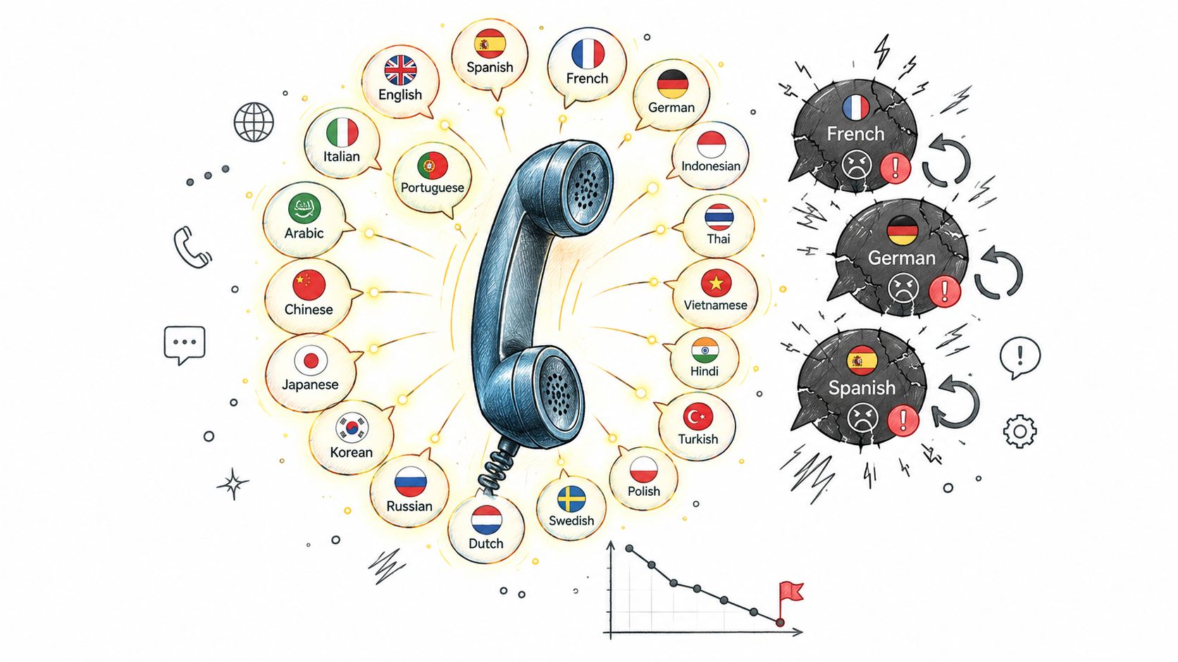 A hand-drawn illustration showing a central telephone handset surrounded by various language speech bubbles and distressed icons.