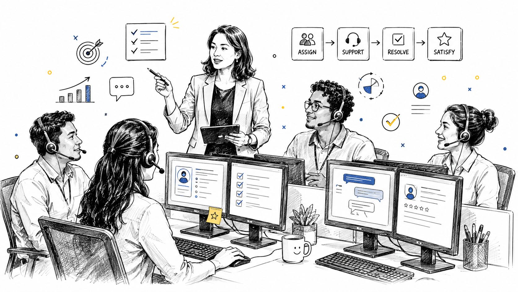 A professional manager leads a diverse team of customer support representatives working in a modern office.