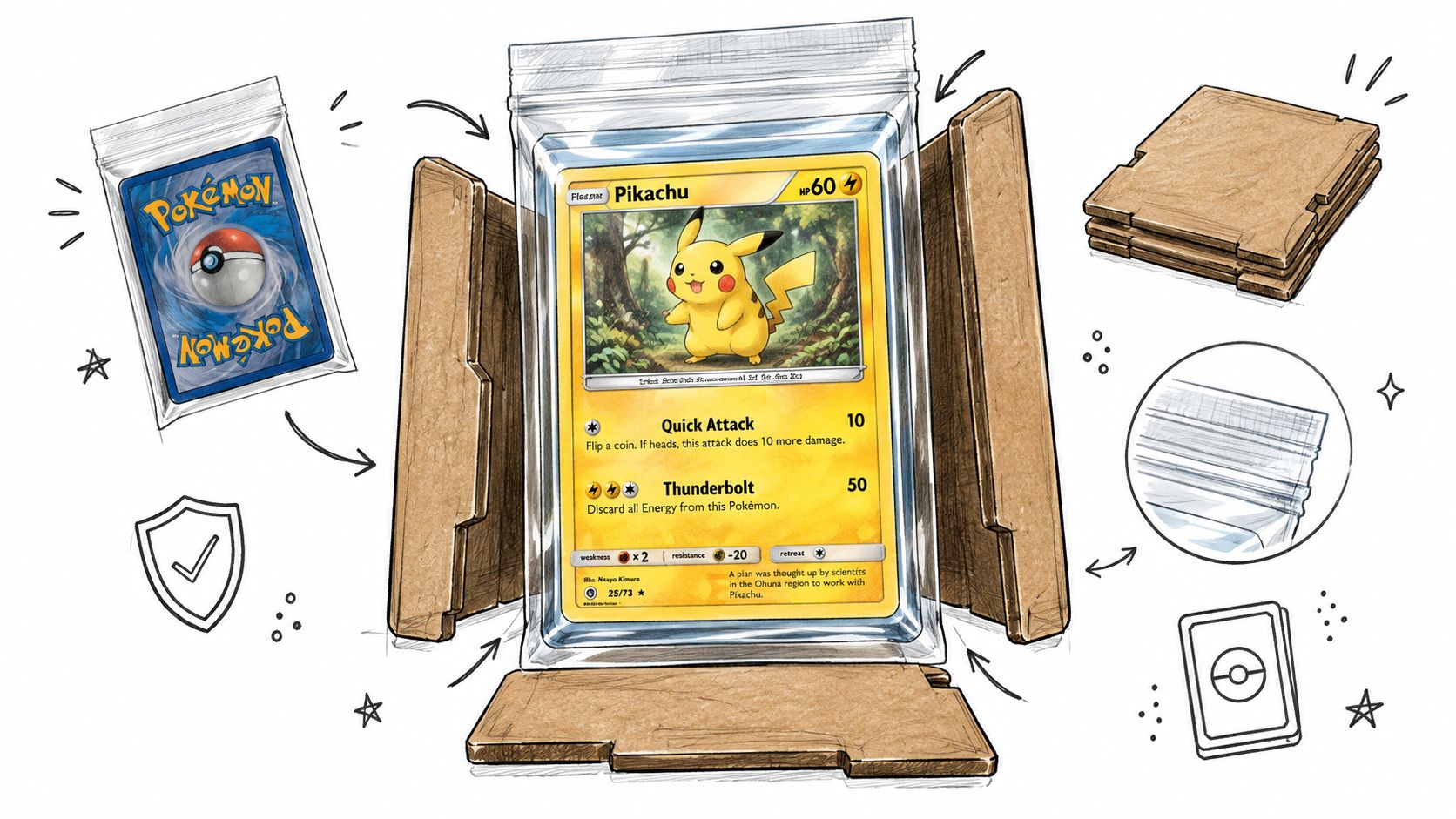 A detailed illustration showing the proper method for packaging a Pokémon trading card for safe shipment.