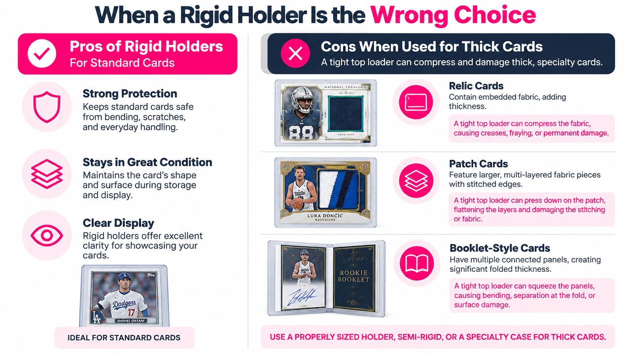 An infographic comparing the benefits of rigid card holders versus the risks to thick collectible sports cards.