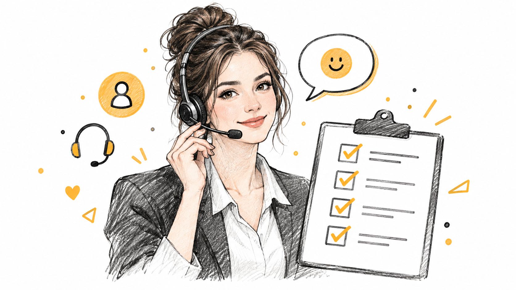 A friendly customer service representative wearing a headset and holding a clipboard with a checklist of tasks.
