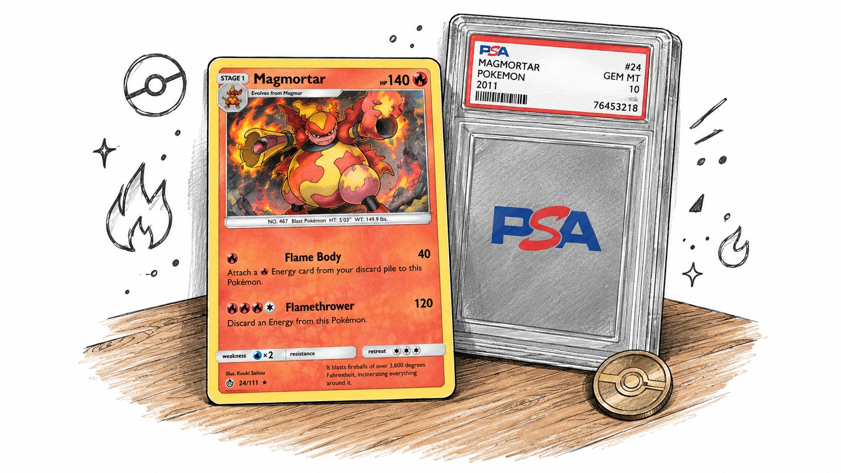 A graded Magmortar Pokémon card in a PSA slab sitting on a table next to a coin.