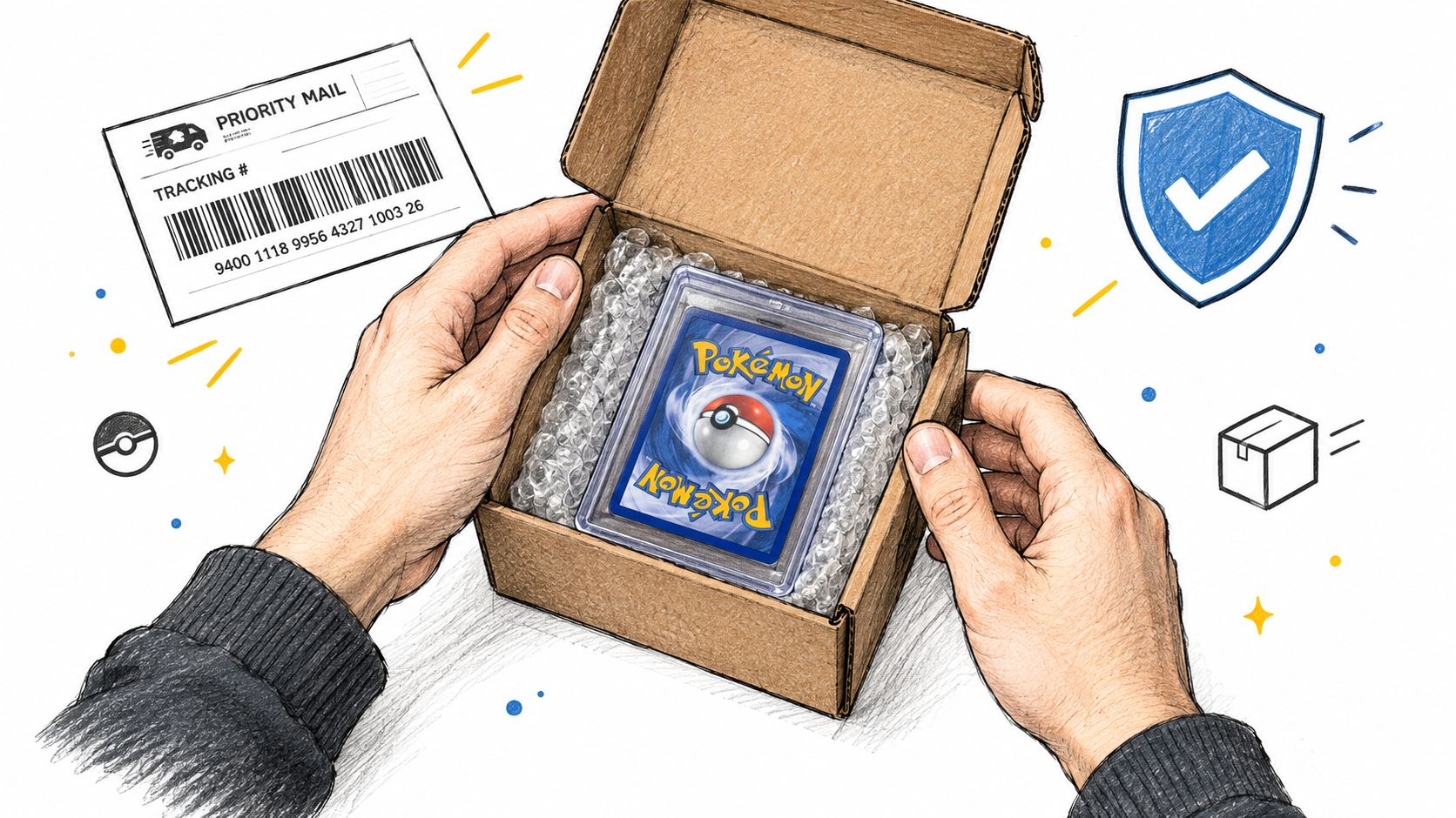 A pair of hands carefully holding an open shipping box containing a protected Pokémon trading card.