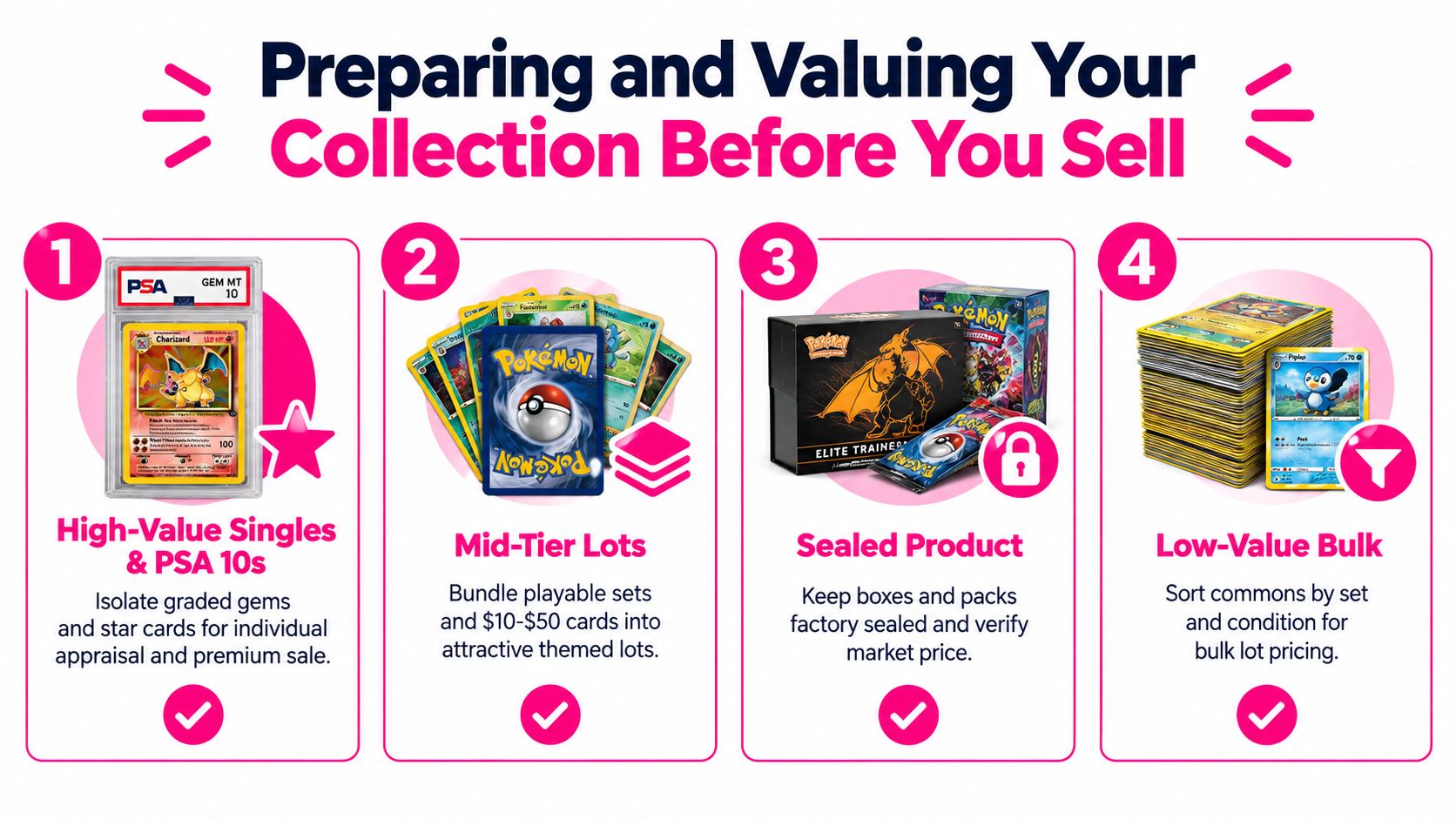 A guide illustrating how to categorize and value Pokemon card collections before selling them.