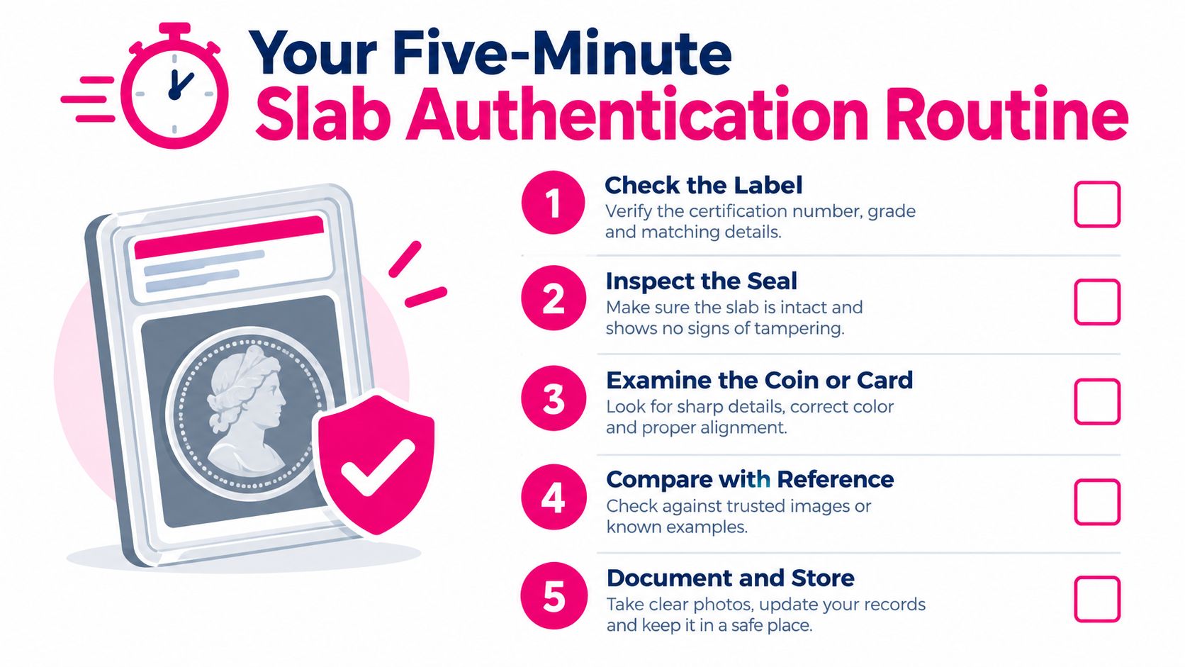 A checklist infographic titled Your Five-Minute Slab Authentication Routine explaining how to identify authentic collectibles.