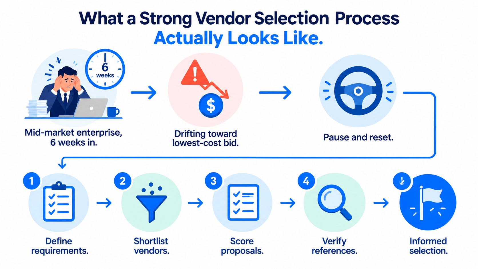 A diagram illustrating a structured and strategic vendor selection process for mid-market enterprise business decisions.