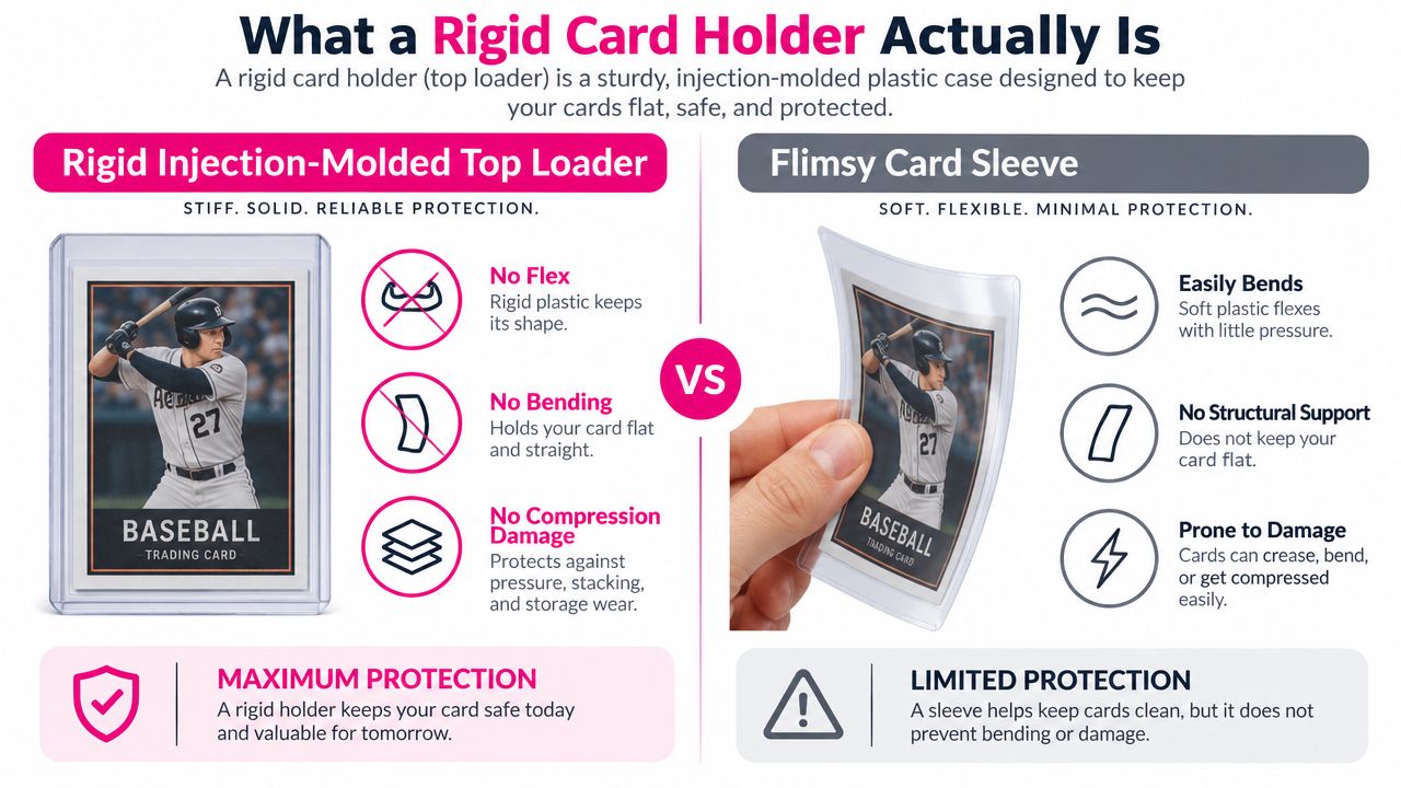 A comparison graphic showing the superior protection of rigid card holders versus flimsy card sleeves for baseball cards.