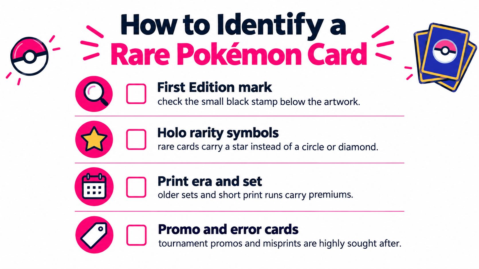 A helpful infographic titled How to Identify a Rare Pokémon Card showing four main key indicators.