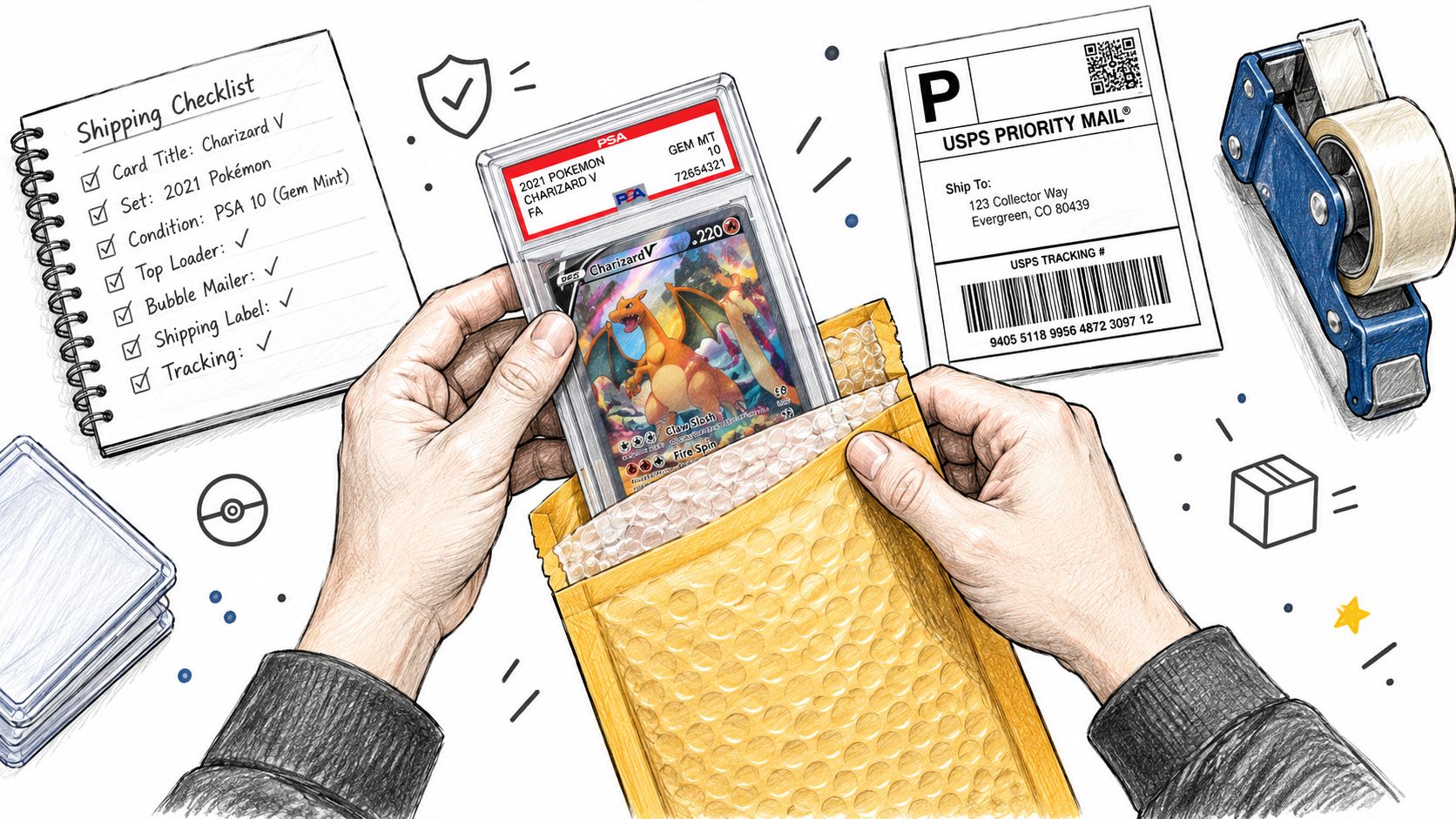 A person carefully packing a graded Charizard Pokemon trading card into a bubble mailer for shipping.