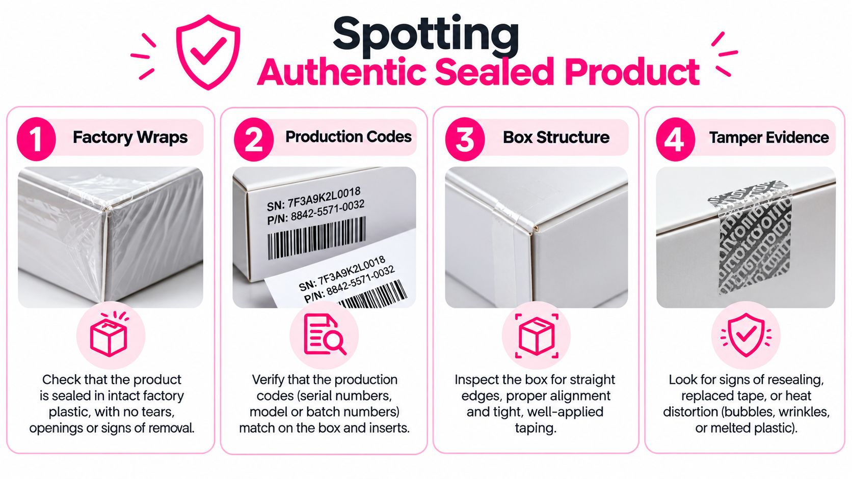 A four-step infographic guide on how to identify an authentic, factory-sealed product box.