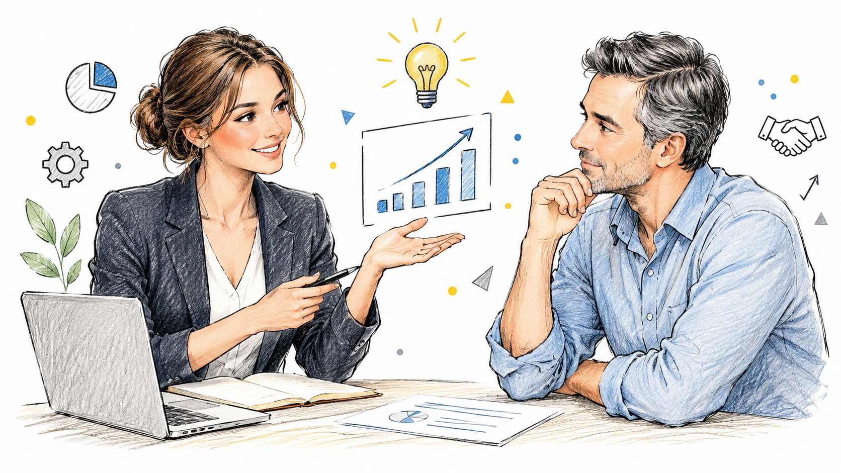 A businesswoman presents business growth charts to a man during a collaborative professional meeting.