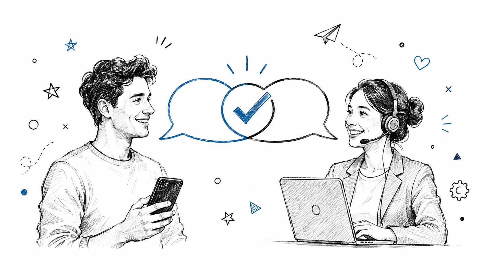 A digital sketch of a customer on a mobile phone chatting with a customer service representative.