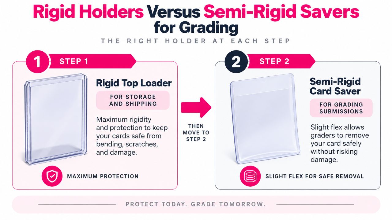 A comparison guide showing a rigid top loader for storage and a semi-rigid card saver for grading.