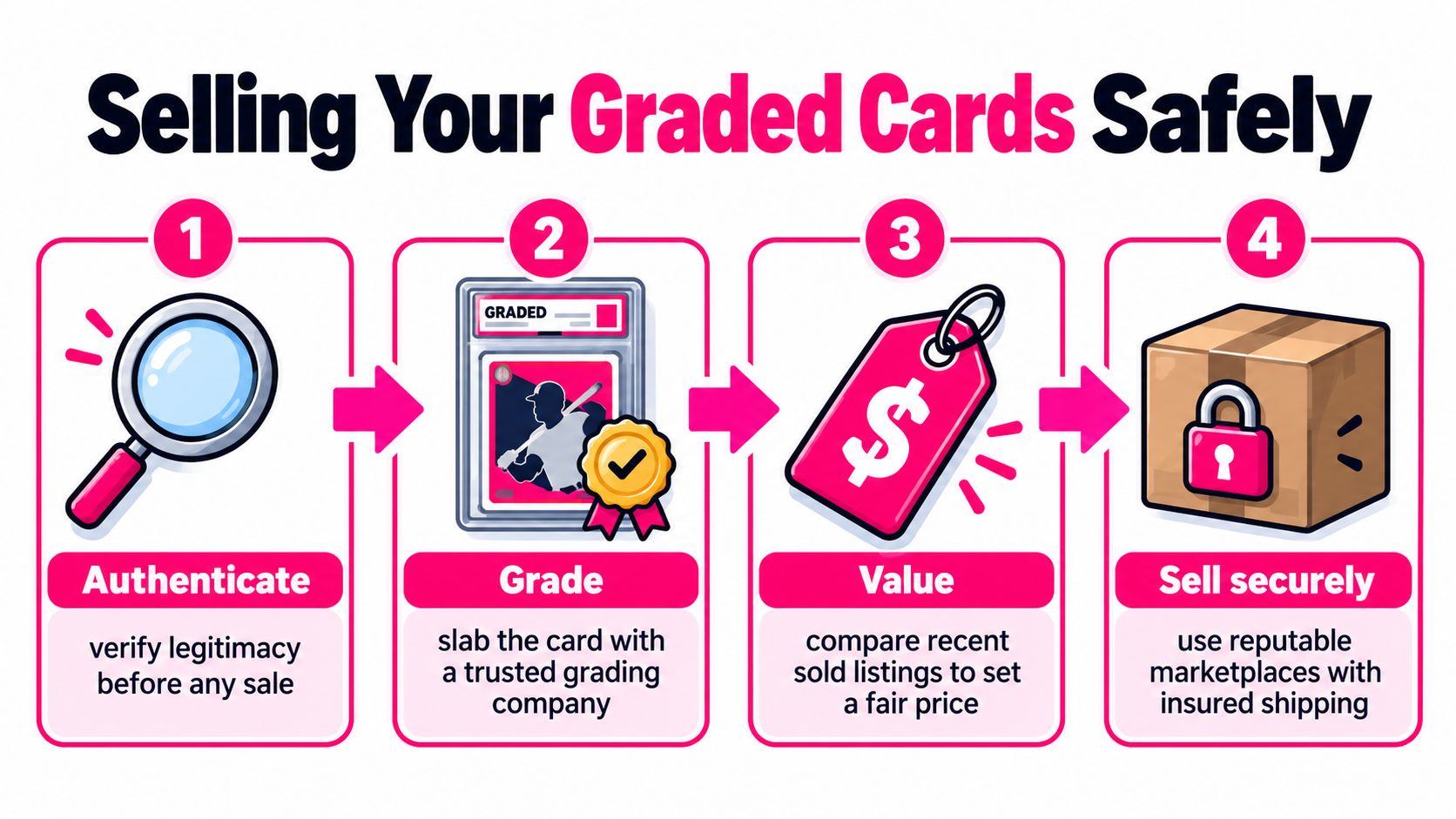 A four-step infographic illustrating how to safely sell graded trading cards online with clear instructions.