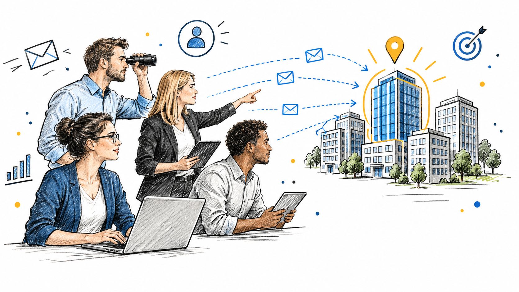 A professional team collaborating on business strategies with digital icons pointing towards a corporate office building.