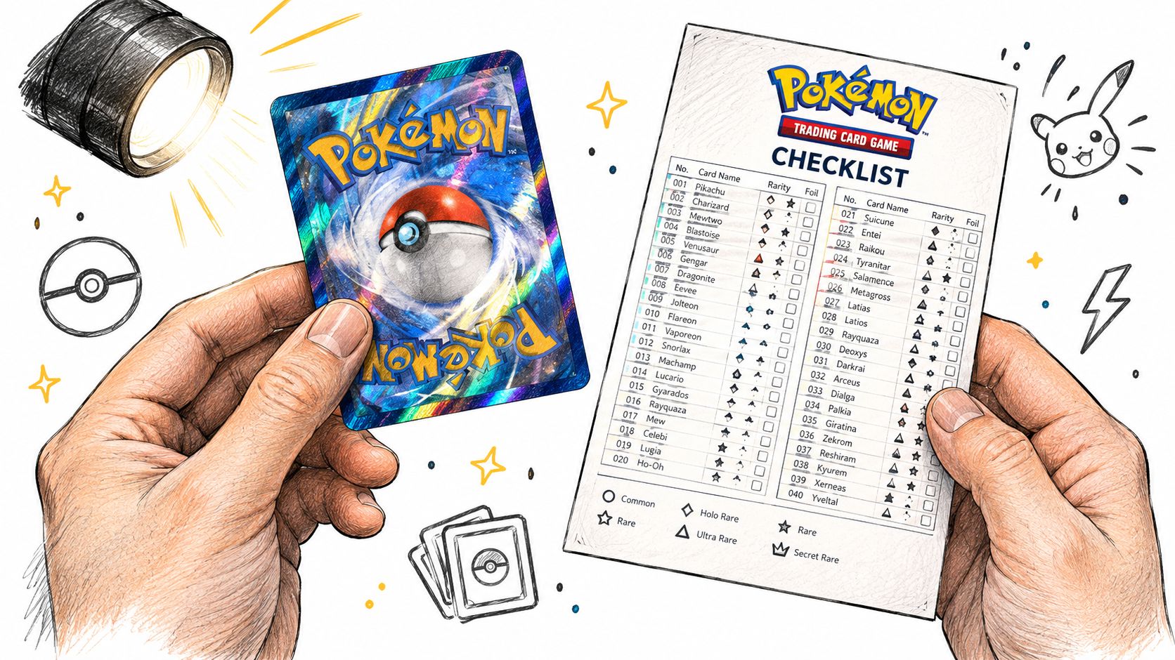 A person holding a holographic Pokemon card and a checklist of cards while a spotlight shines down.