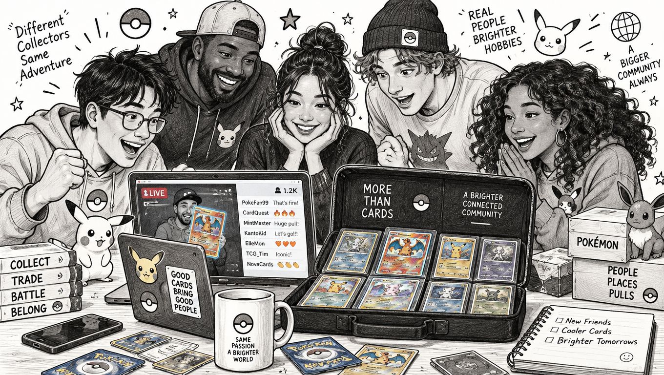 A diverse group of friends smiling together while excitedly collecting and trading Pokémon cards.