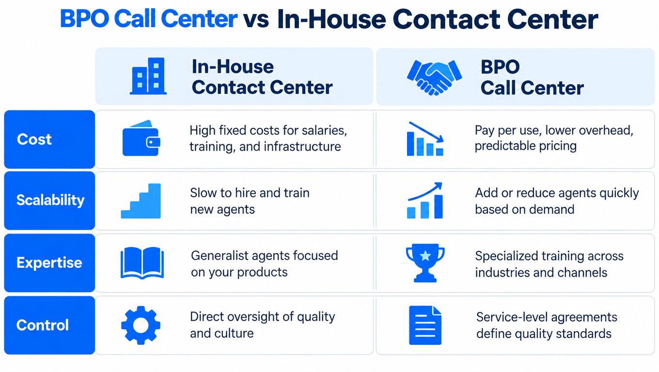 A comparison table outlining the differences between in-house contact centers and BPO call centers across four categories.