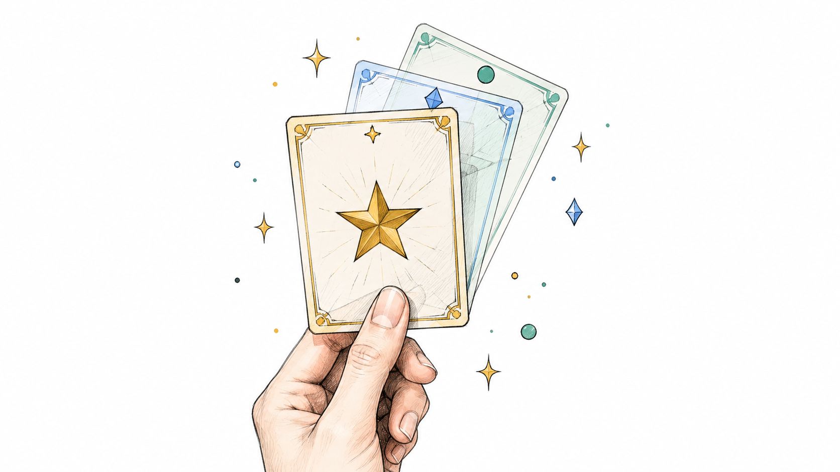 A hand holding a golden star card with two other translucent cards in the background.