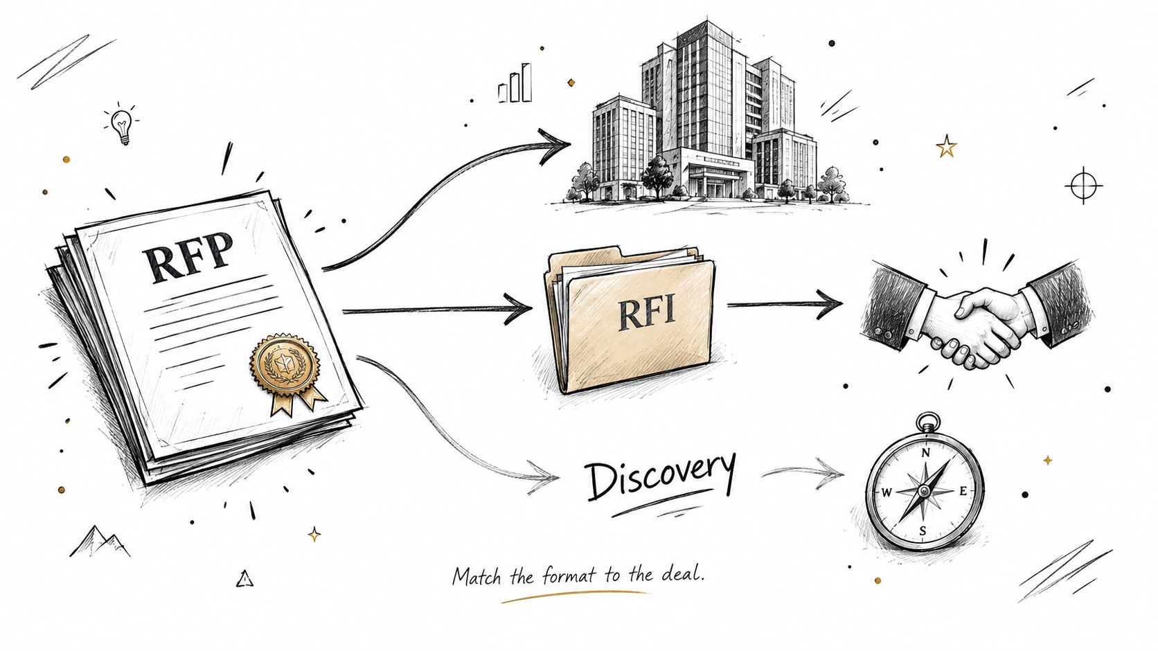 A hand-drawn illustration showing a business RFP document connecting to a vendor building, RFI folder, and compass.