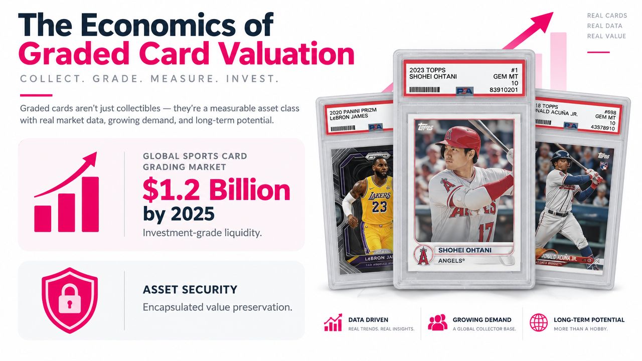 An infographic titled The Economics of Graded Card Valuation displaying sports trading cards and market statistics.