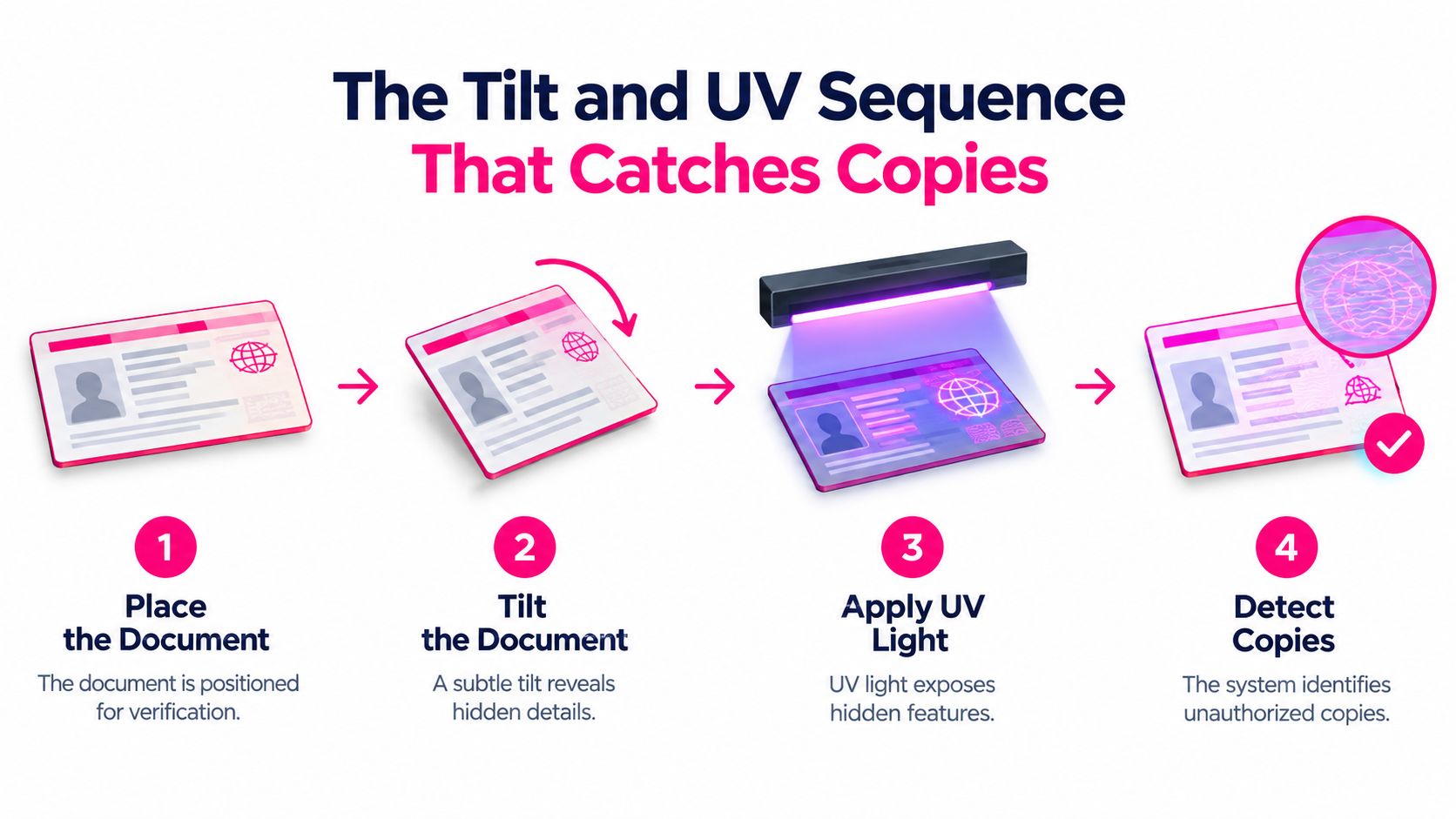 A four-step infographic illustrating the process of verifying a document's authenticity using tilt and UV light techniques.
