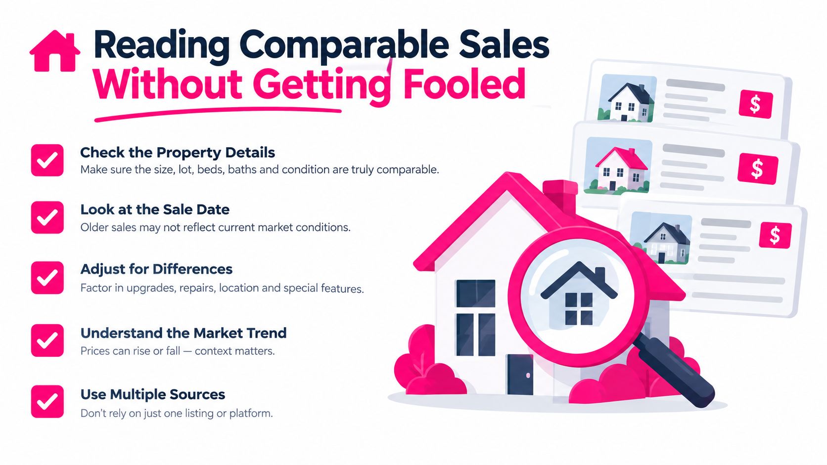An infographic titled Reading Comparable Sales Without Getting Fooled offering five essential tips for property evaluation.