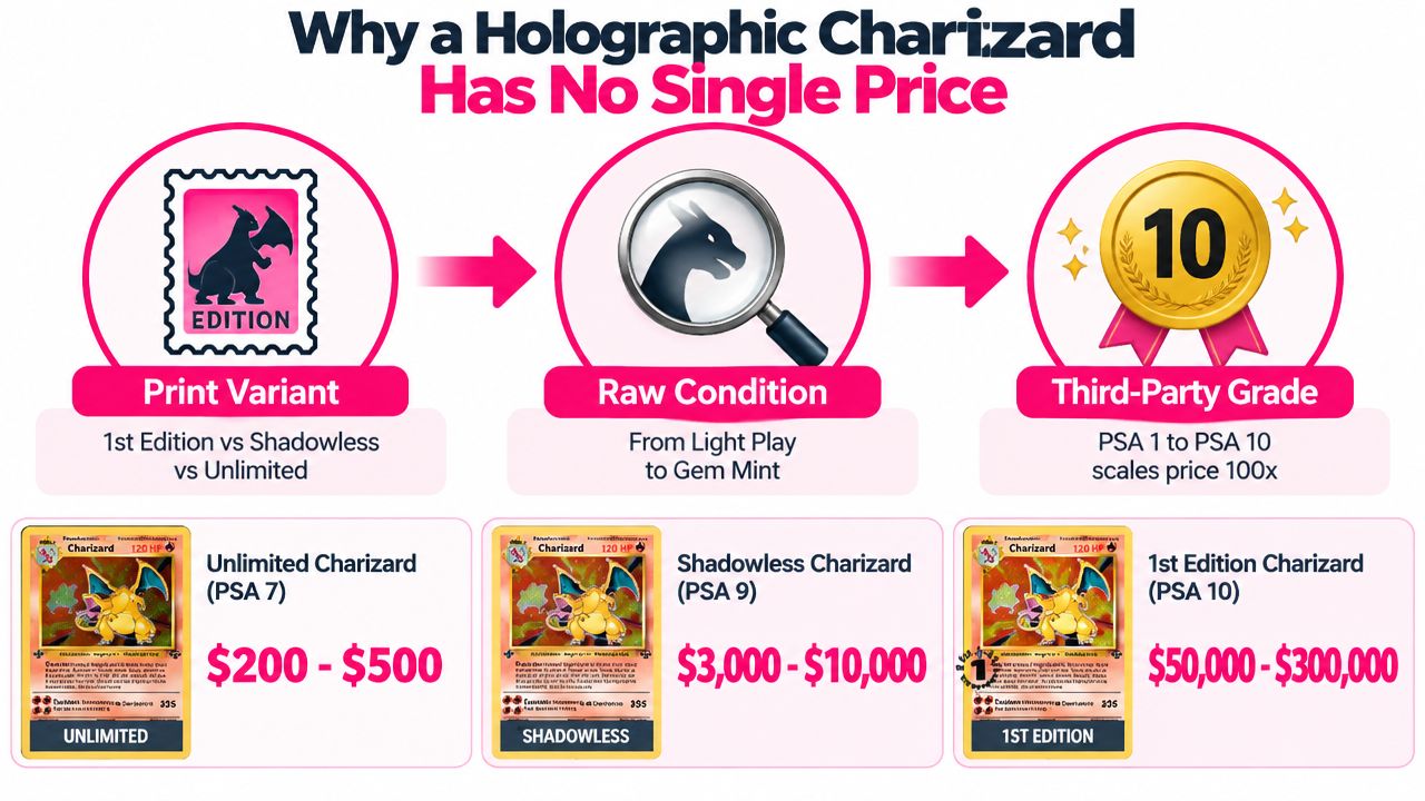 An infographic explaining the different factors that determine the variable price of a holographic Charizard trading card.