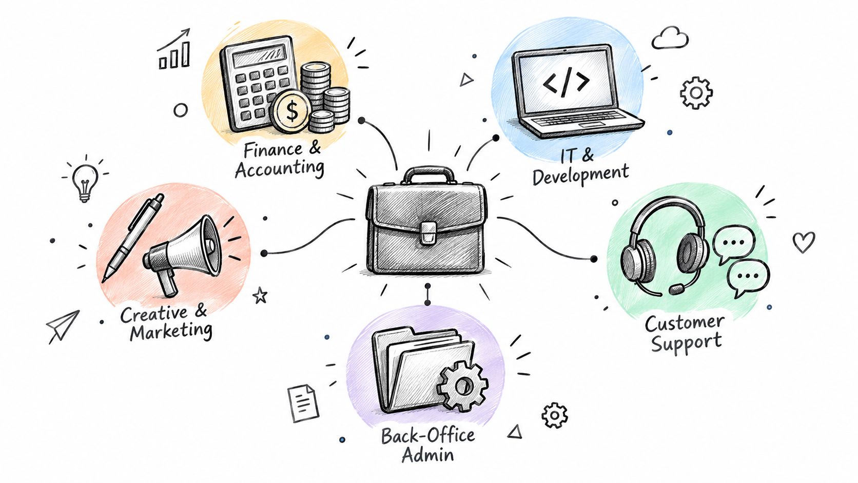 A hand-drawn illustration showing a briefcase connected to five core business departments including finance, marketing, and IT.