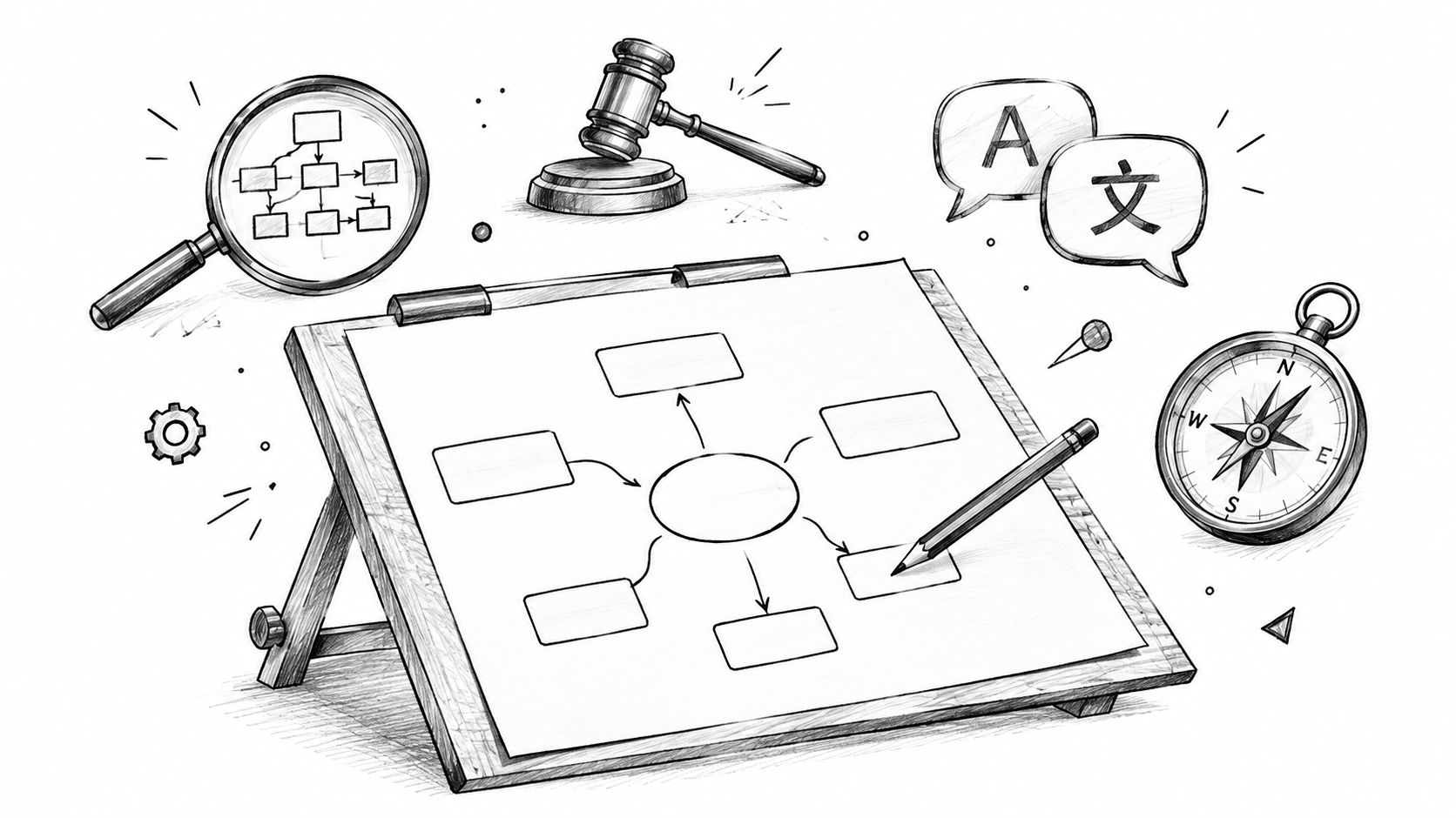 A sketched illustration showing a clipboard with a diagram, a gavel, a compass, and translation speech bubbles.