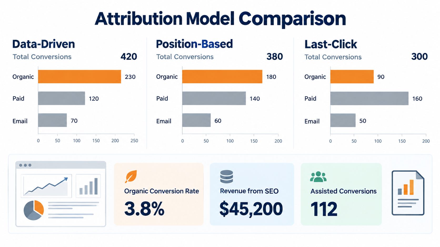 A comparison chart showing how different attribution models like Data-Driven, Position-Based, and Last-Click measure marketing conversions.