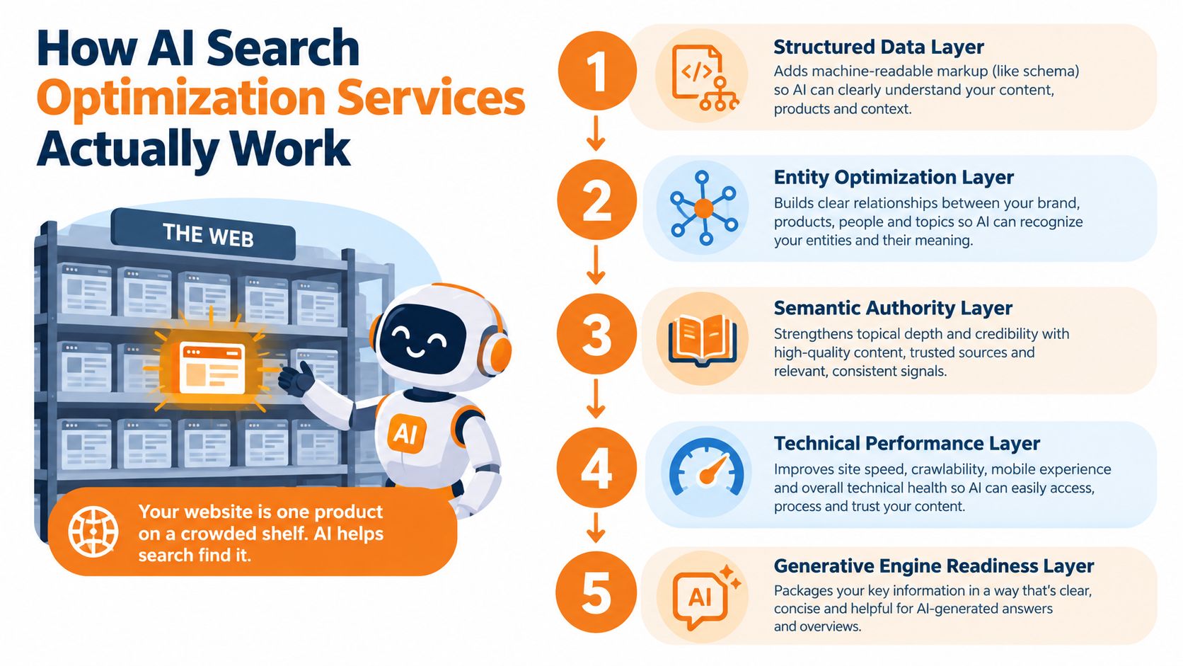 An infographic showing the five layers of AI search optimization services for website visibility and ranking.
