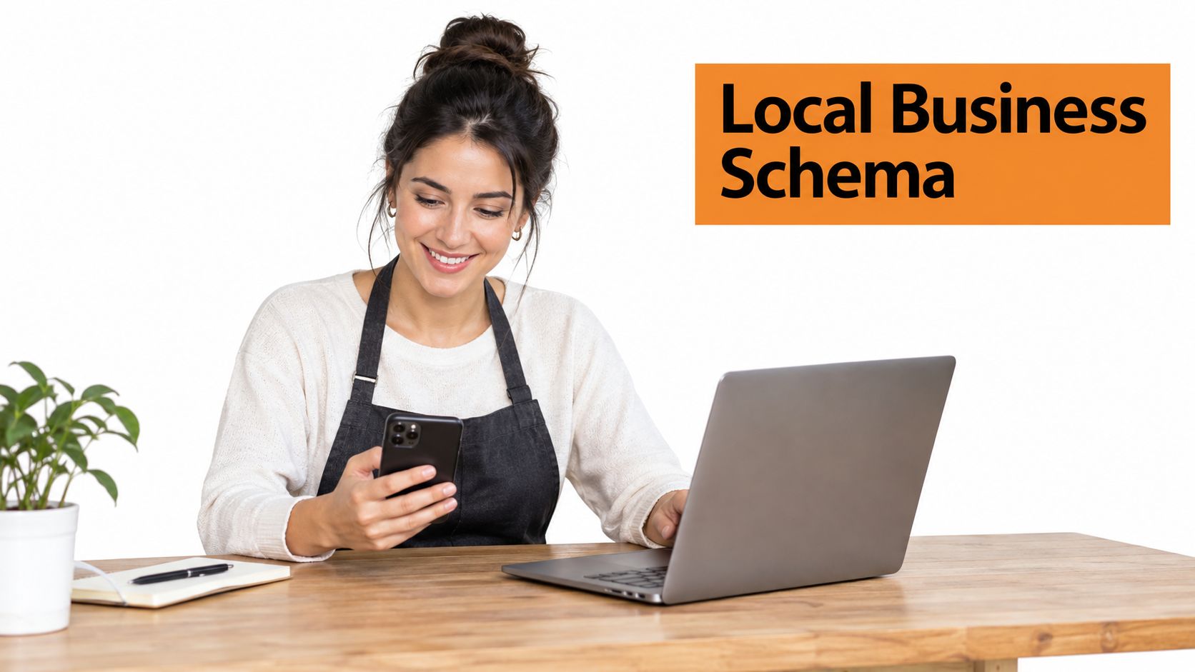 A smiling woman wearing an apron working on a laptop and phone, representing local business schema concepts.
