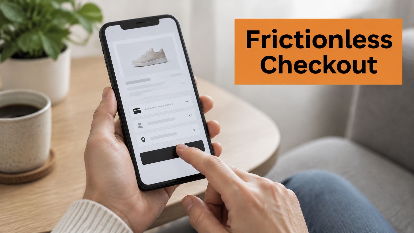 A person using a smartphone to complete a frictionless online checkout purchase for a pair of sneakers.