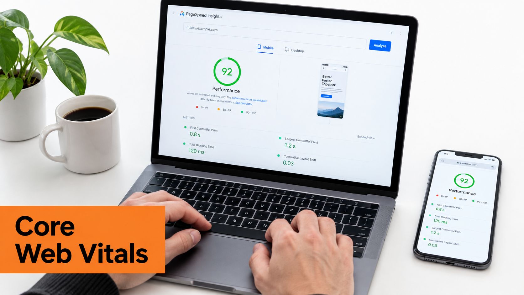 A person using a laptop to review Core Web Vitals performance data on Google PageSpeed Insights.