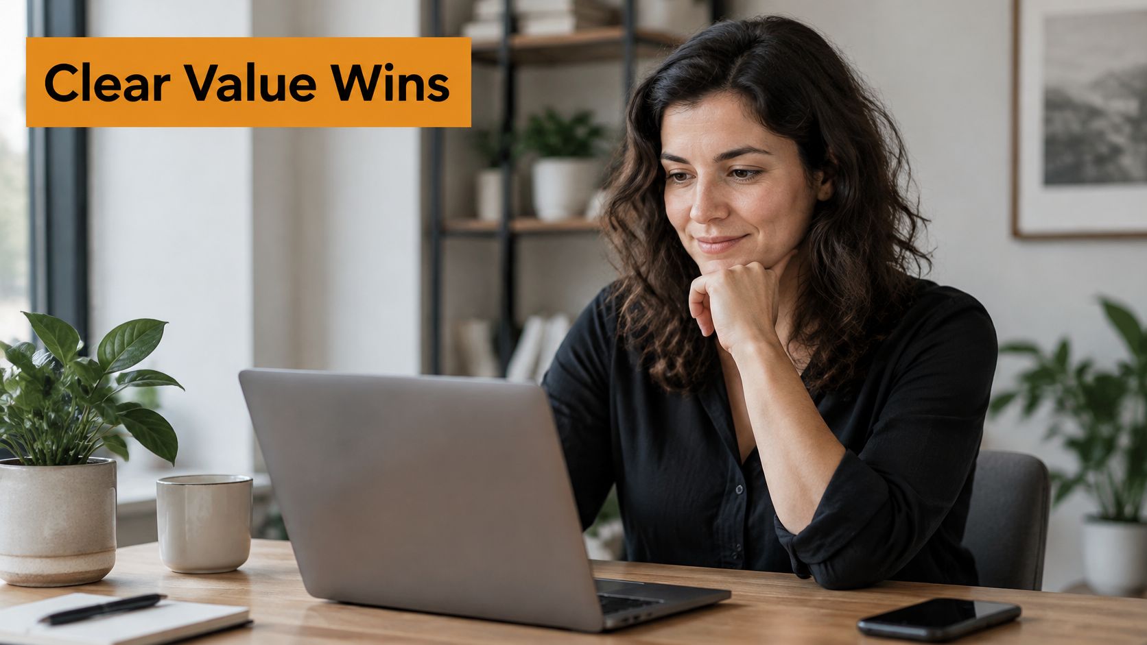 A woman working on a laptop at her desk with a Clear Value Wins sign nearby.