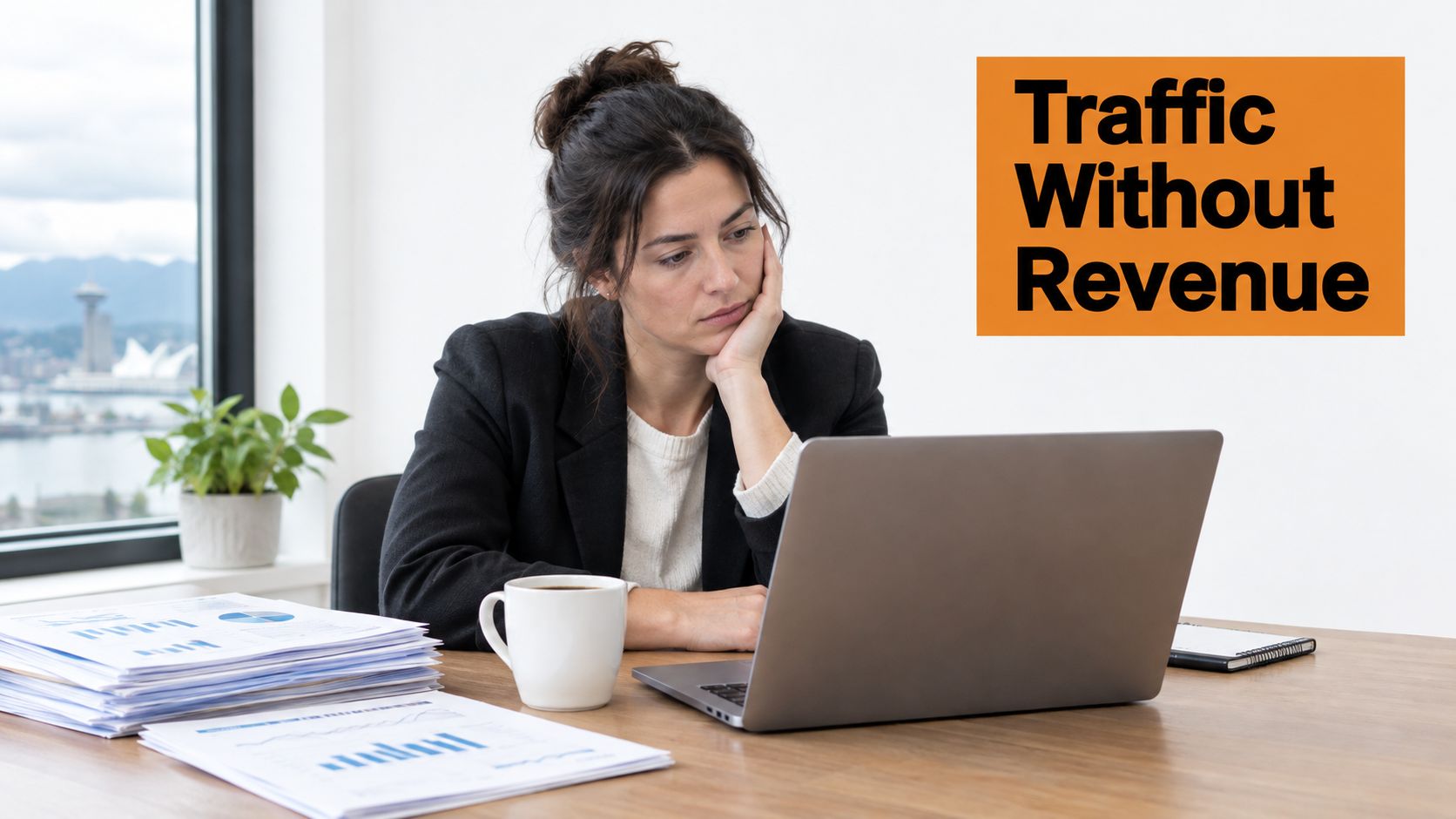 A businesswoman appearing stressed and frustrated while looking at her laptop in a modern office setting.