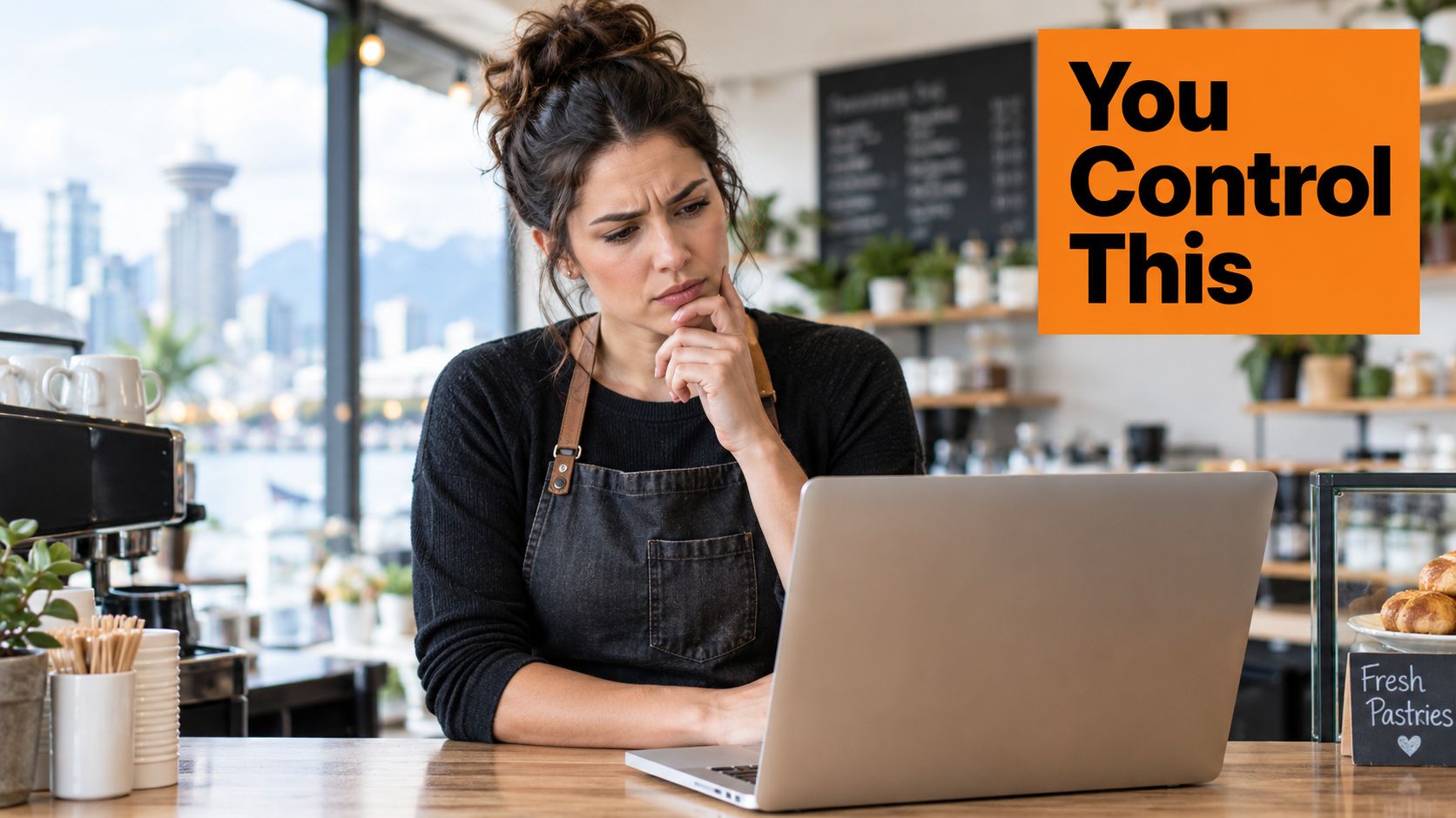 A focused barista wearing an apron looking thoughtfully at a laptop screen in a cozy coffee shop.
