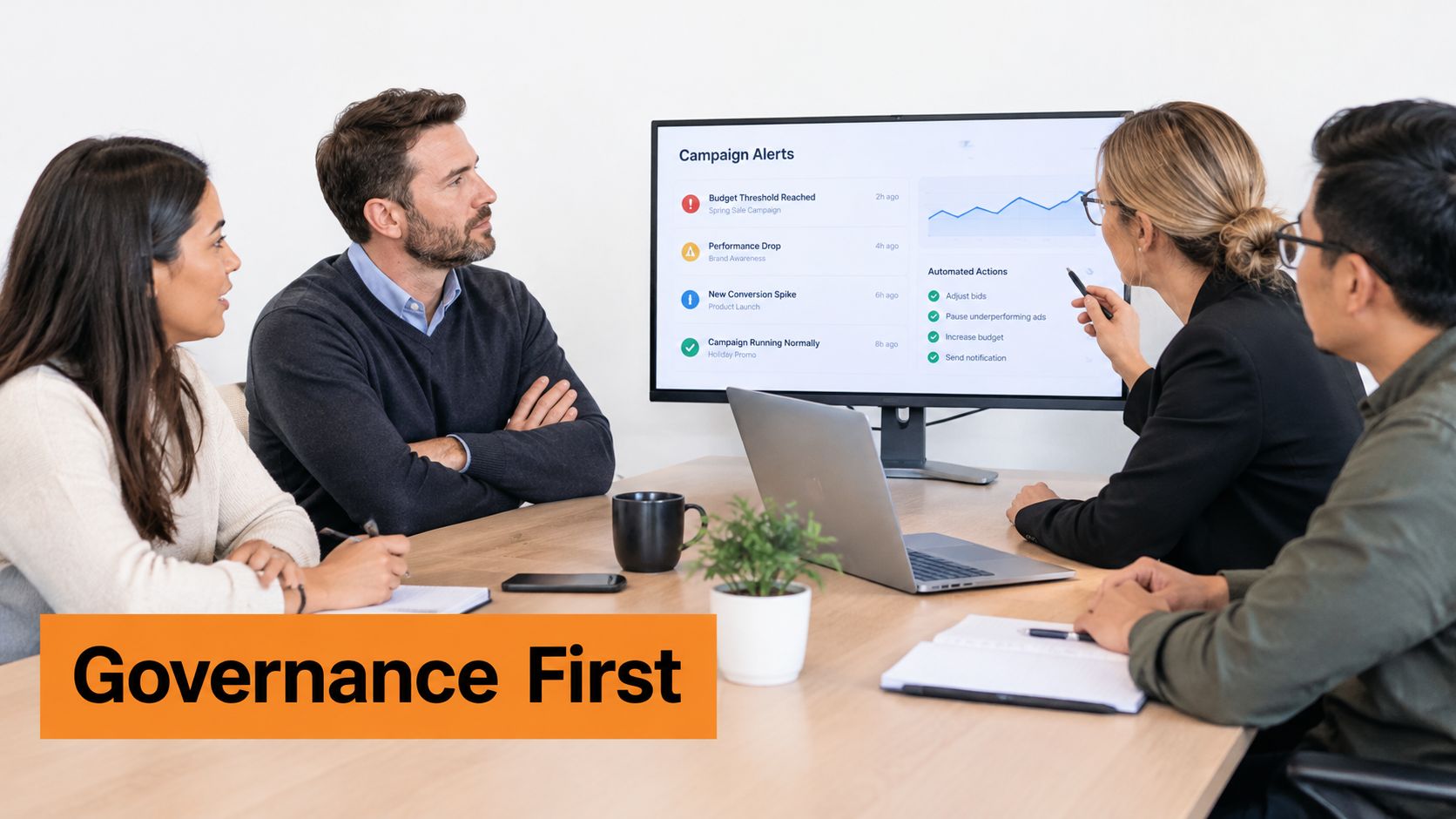 A professional team of four people collaborating during a business meeting in a modern office boardroom.
