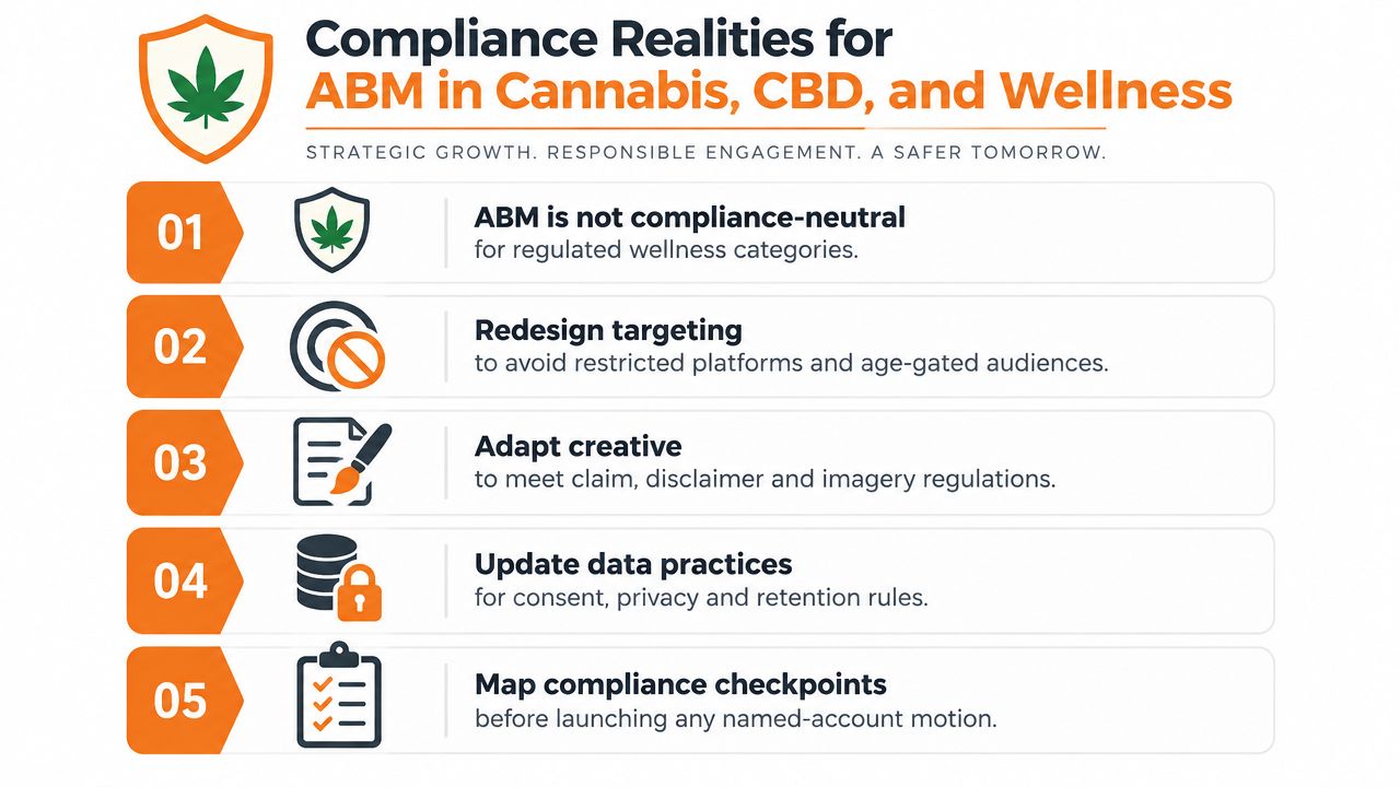 A list of five essential compliance strategies for account-based marketing in cannabis, CBD, and wellness industries.