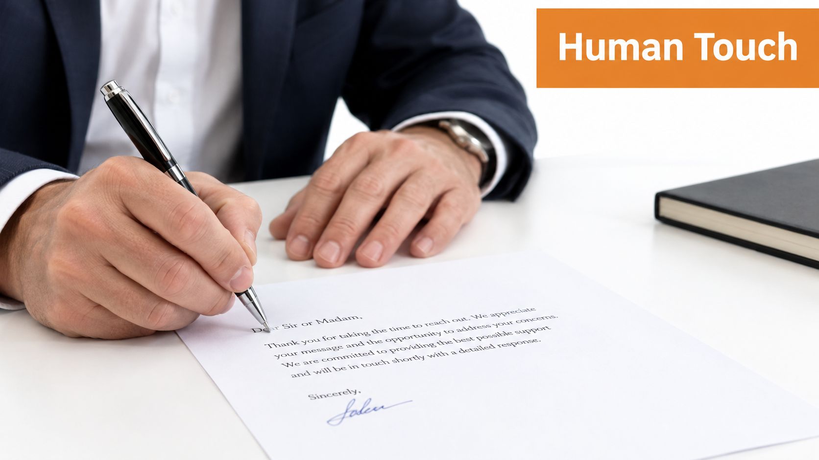A professional in a suit writing a polite customer response letter on a desk with a pen.